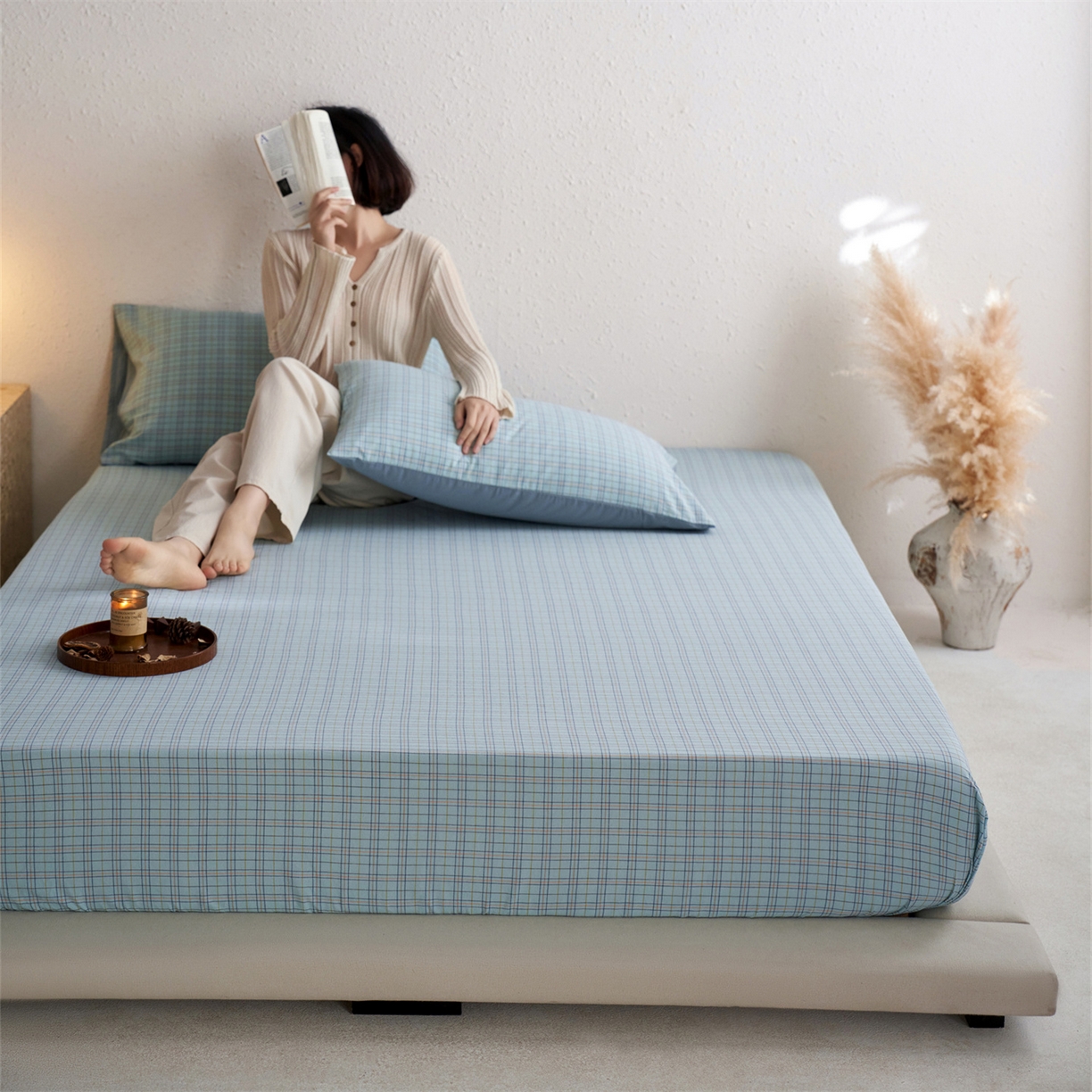 91家纺网 家纺一手货源 找家纺 启程家纺 2026新款全棉纯棉色织水洗棉单床笠床笠单件单品床笠 秋田蓝