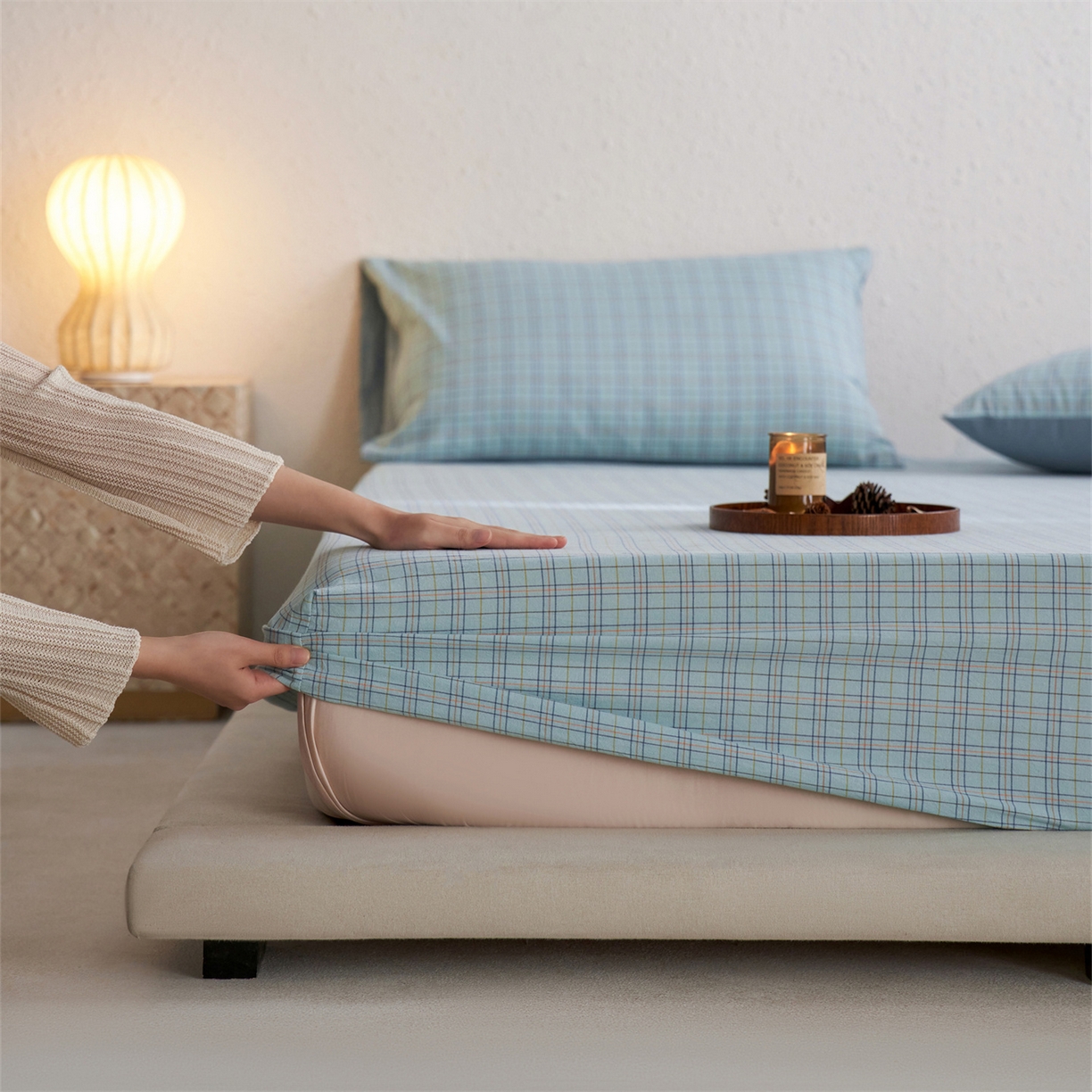 91家纺网 家纺一手货源 找家纺 启程家纺 2026新款全棉纯棉色织水洗棉单床笠床笠单件单品床笠 秋田蓝