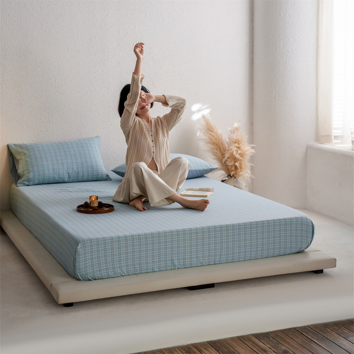 91家纺网 家纺一手货源 找家纺 启程家纺 2026新款全棉纯棉色织水洗棉单床笠床笠单件单品床笠 秋田蓝