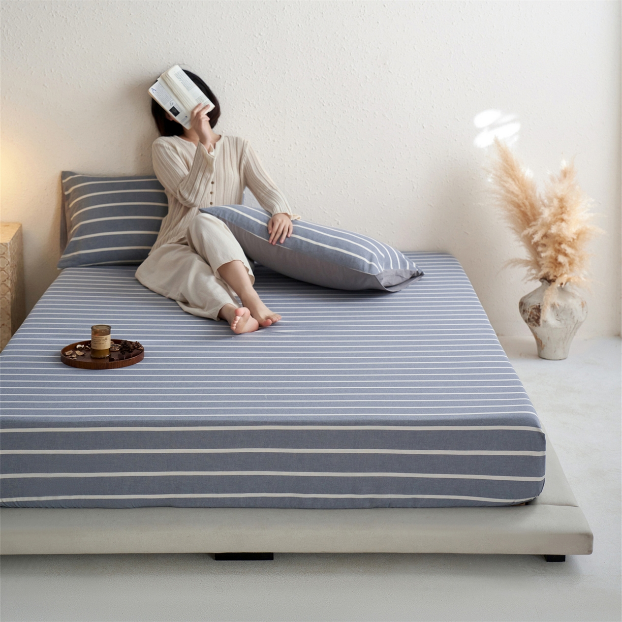 91家纺网 家纺一手货源 找家纺 启程家纺 2026新款全棉纯棉色织水洗棉单床笠床笠单件单品床笠 威特浅蓝