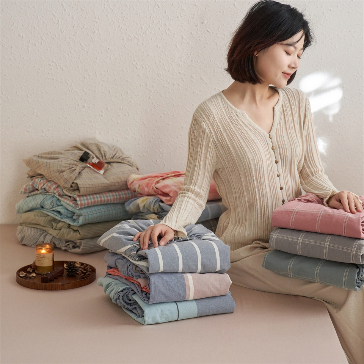 91家纺网 家纺一手货源 找家纺 启程家纺 2026新款全棉纯棉色织水洗棉单床笠床笠单件单品床笠 组合图仅供展示不可下单