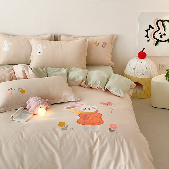 润肤居 2026春夏新款全棉纯棉13372贴布绣四件套 可爱兔兔-淡粉