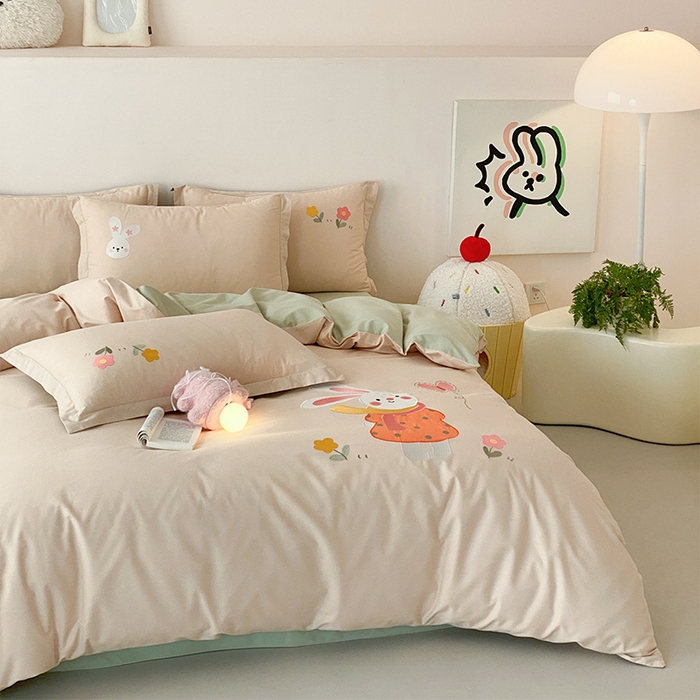 91家纺网 家纺一手货源 找家纺 润肤居 2026春夏新款全棉纯棉13372贴布绣四件套 可爱兔兔-淡粉