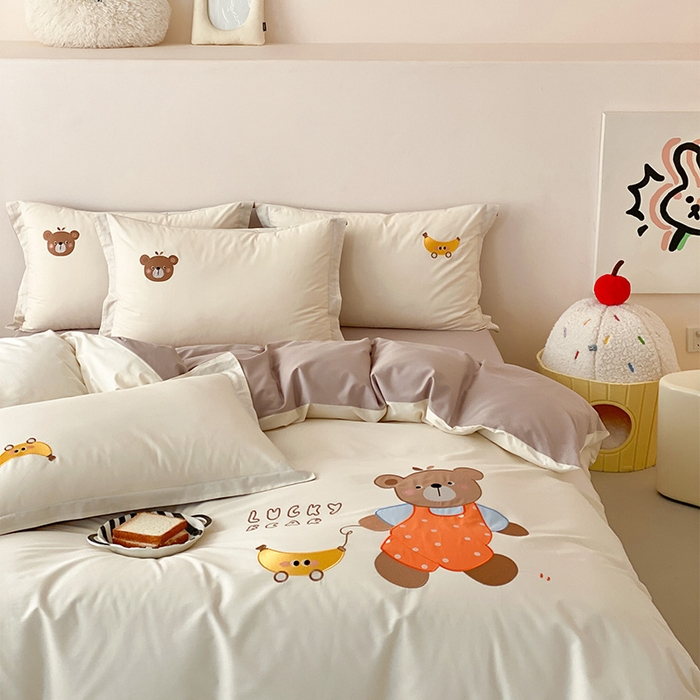 润肤居 2026春夏新款全棉纯棉13372贴布绣四件套 香蕉小熊-杏色