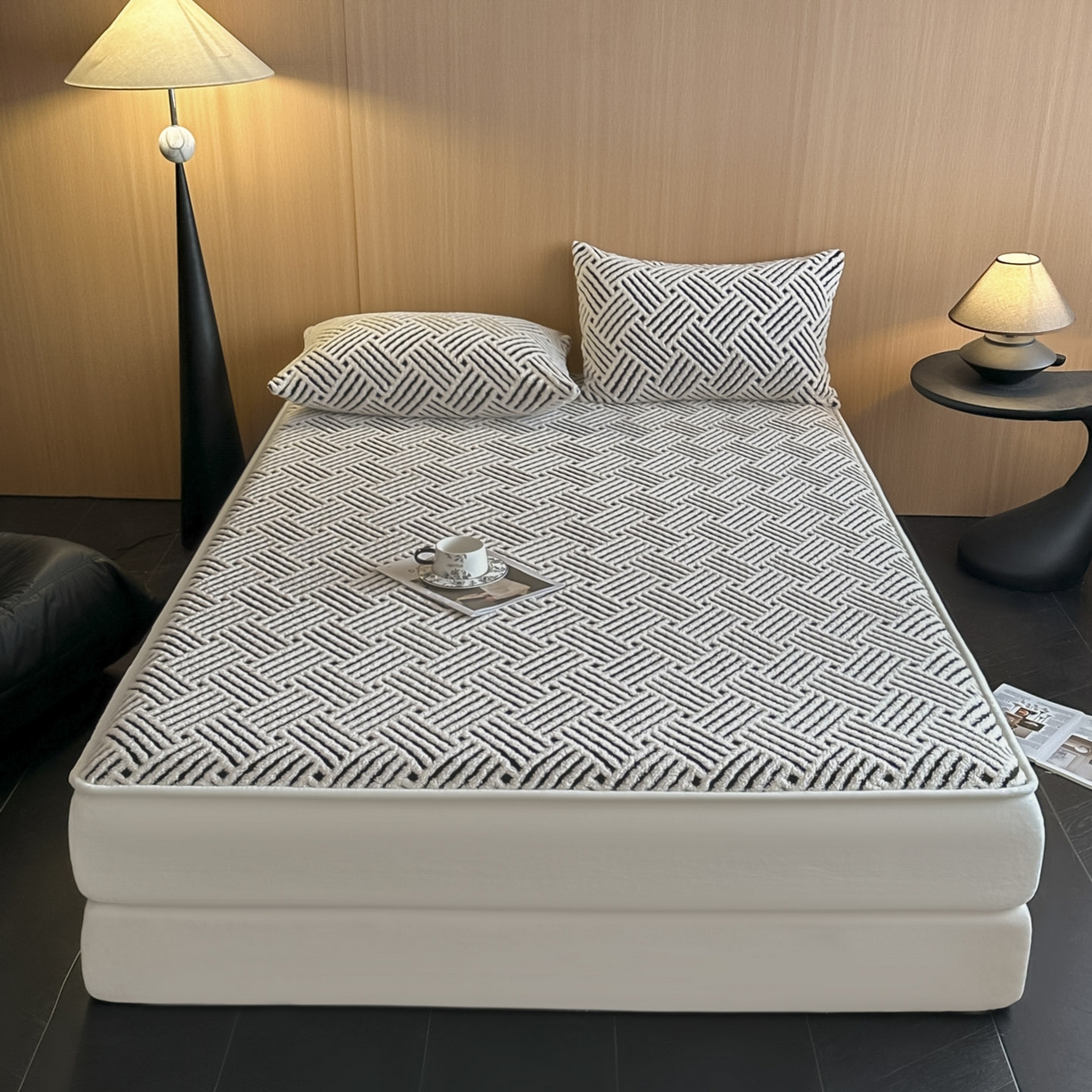 91家纺网 家纺一手货源 找家纺 可恩欣 2026新款舒棉绒提花防水床笠-利奥 利奥-皓月