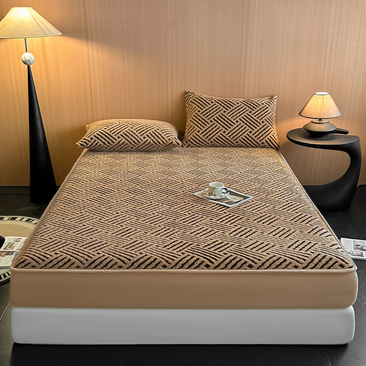 91家纺网 家纺一手货源 找家纺 可恩欣 2026新款舒棉绒提花防水床笠-利奥 利奥-云咖