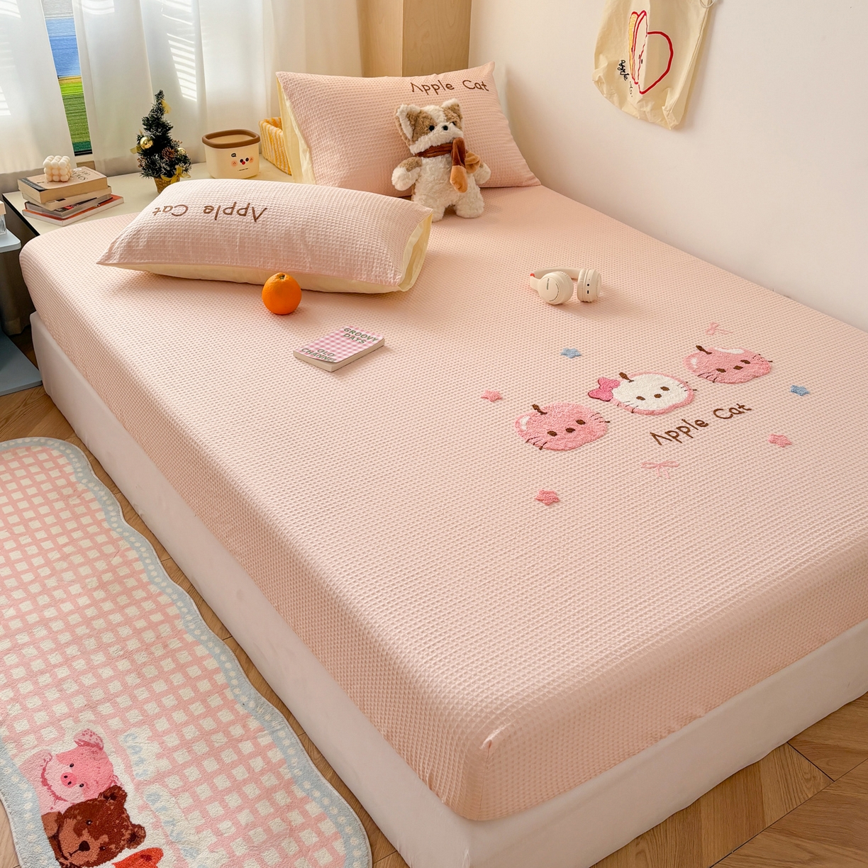 91家纺网 家纺一手货源 找家纺 雅居纺家纺 2026新款全棉华夫格毛巾绣单品系列 粉色苹果猫