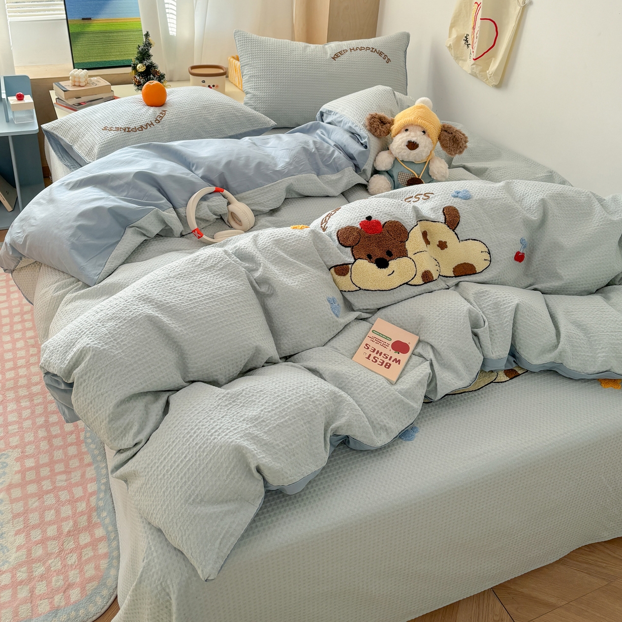 91家纺网 家纺一手货源 找家纺 雅居纺家纺 2026新款全棉华夫格毛巾绣单品系列 蓝色趴趴狗