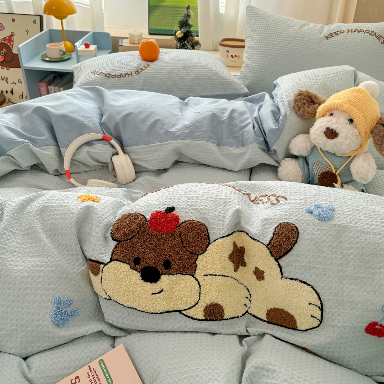 91家纺网 家纺一手货源 找家纺 雅居纺家纺 2026新款全棉华夫格毛巾绣单品系列 蓝色趴趴狗