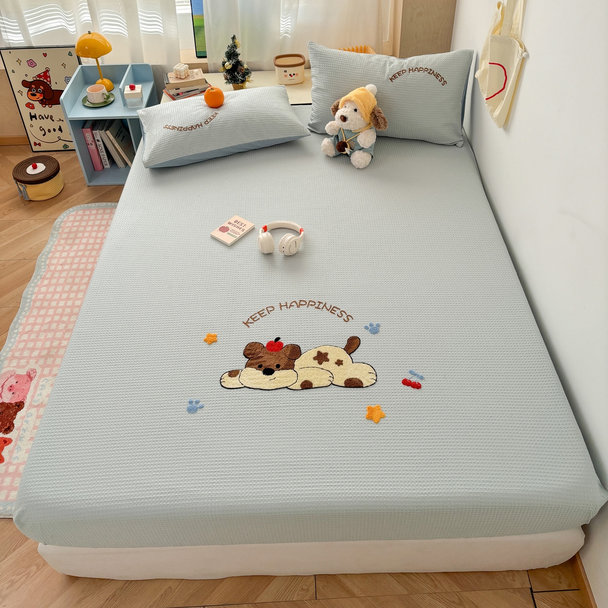 91家纺网 家纺一手货源 找家纺 雅居纺家纺 2026新款全棉华夫格毛巾绣单品系列 蓝色趴趴狗