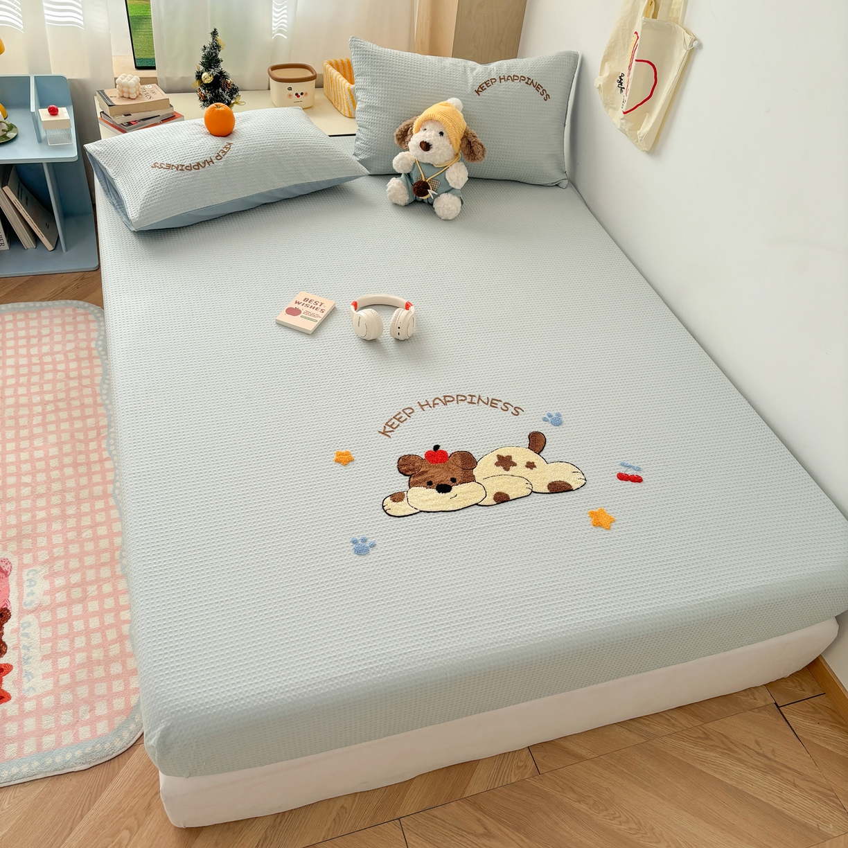 91家纺网 家纺一手货源 找家纺 雅居纺家纺 2026新款全棉华夫格毛巾绣单品系列 蓝色趴趴狗