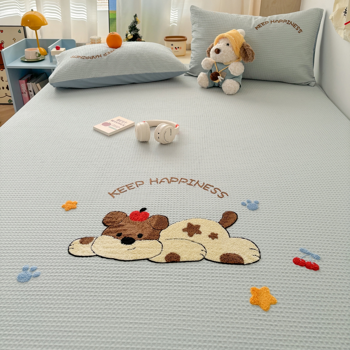 91家纺网 家纺一手货源 找家纺 雅居纺家纺 2026新款全棉华夫格毛巾绣单品系列 蓝色趴趴狗