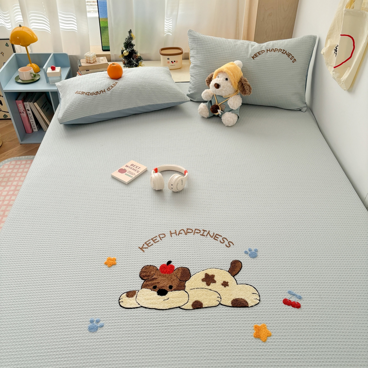 91家纺网 家纺一手货源 找家纺 雅居纺家纺 2026新款全棉华夫格毛巾绣单品系列 蓝色趴趴狗