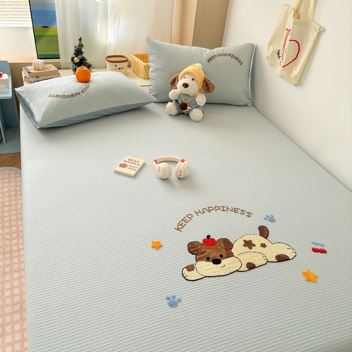 91家纺网 家纺一手货源 找家纺 雅居纺家纺 2026新款全棉华夫格毛巾绣单品系列 蓝色趴趴狗