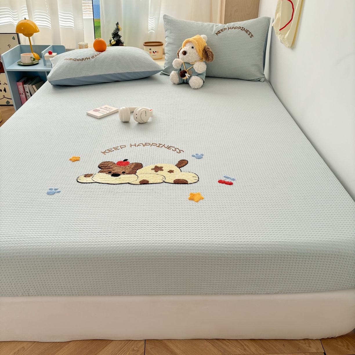 91家纺网 家纺一手货源 找家纺 雅居纺家纺 2026新款全棉华夫格毛巾绣单品系列 蓝色趴趴狗