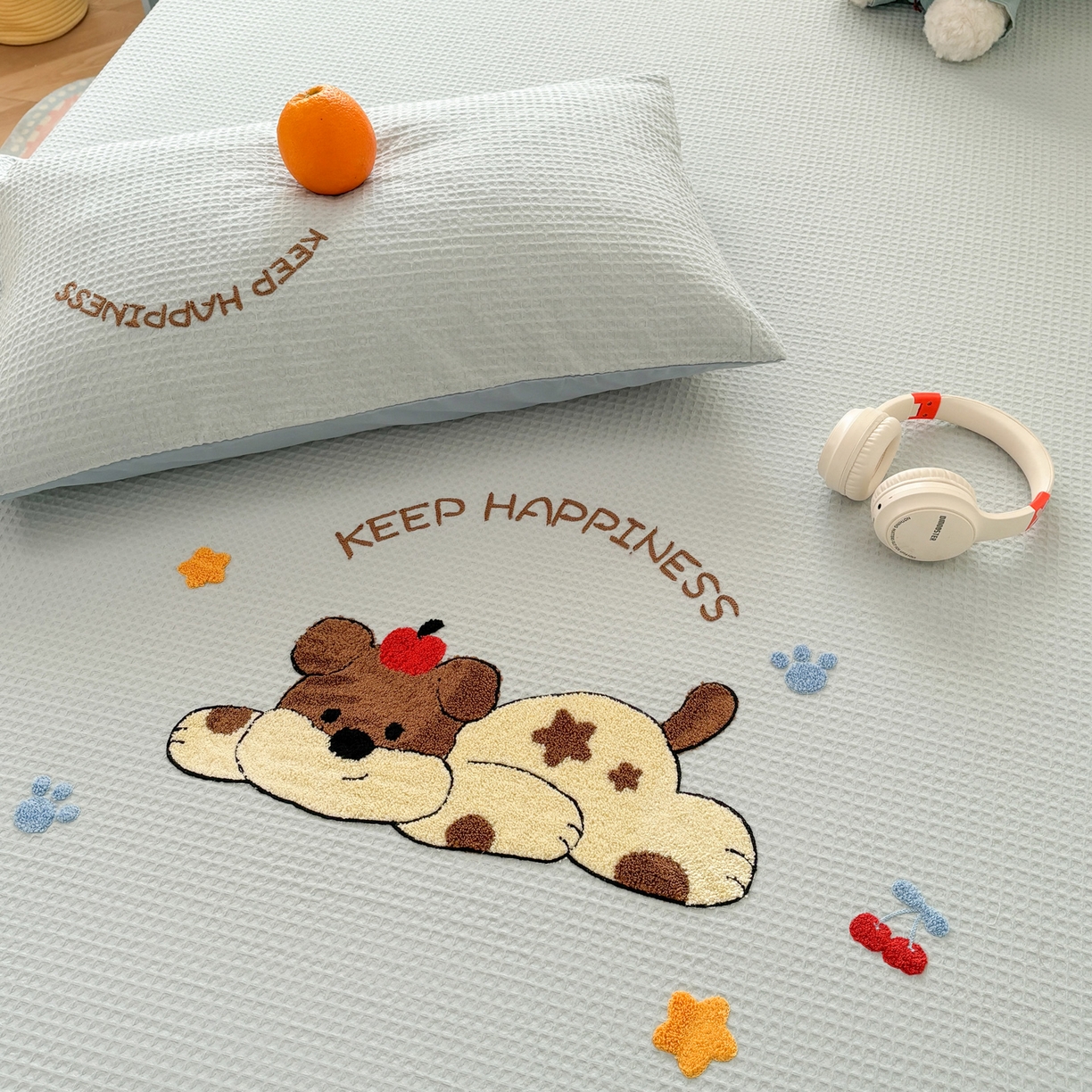 91家纺网 家纺一手货源 找家纺 雅居纺家纺 2026新款全棉华夫格毛巾绣单品系列 蓝色趴趴狗