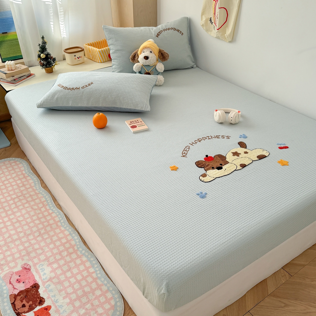 91家纺网 家纺一手货源 找家纺 雅居纺家纺 2026新款全棉华夫格毛巾绣单品系列 蓝色趴趴狗