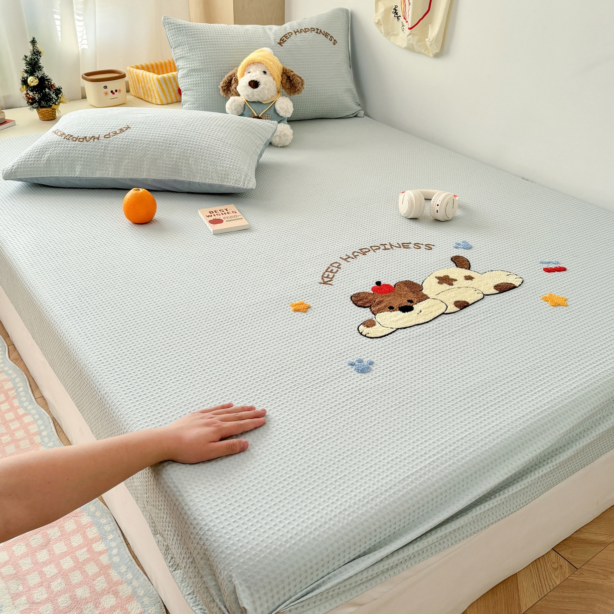 91家纺网 家纺一手货源 找家纺 雅居纺家纺 2026新款全棉华夫格毛巾绣单品系列 蓝色趴趴狗