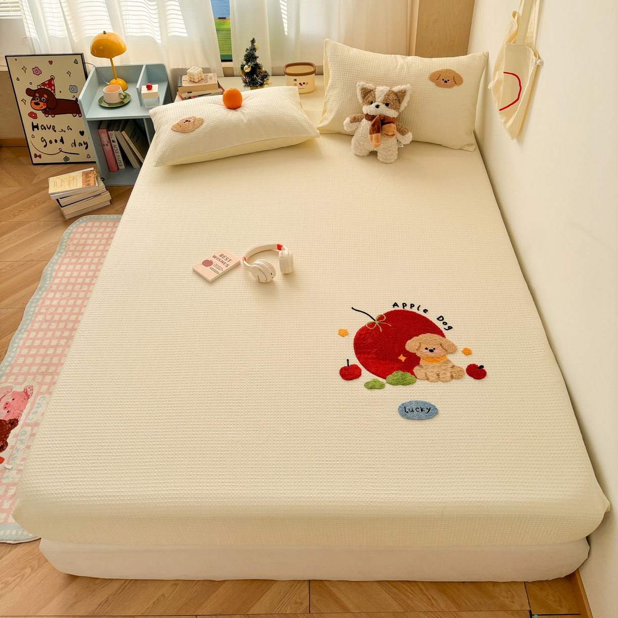 91家纺网 家纺一手货源 找家纺 雅居纺家纺 2026新款全棉华夫格毛巾绣单品系列 米黄苹安狗