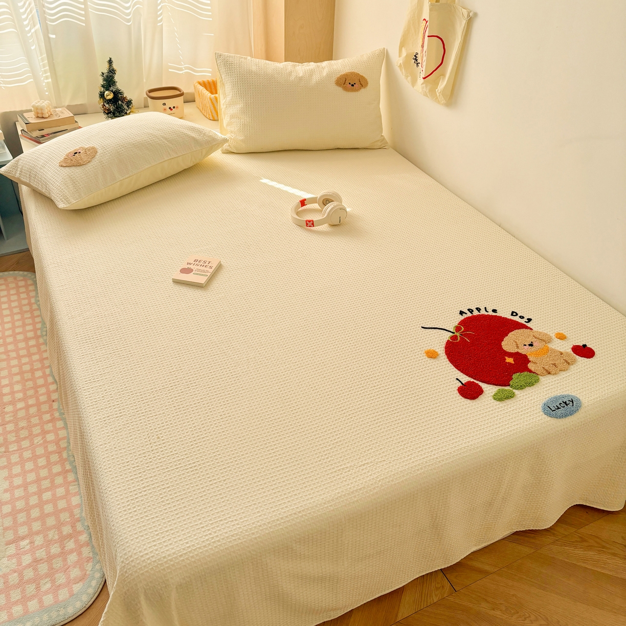 91家纺网 家纺一手货源 找家纺 雅居纺家纺 2026新款全棉华夫格毛巾绣单品系列 米黄苹安狗