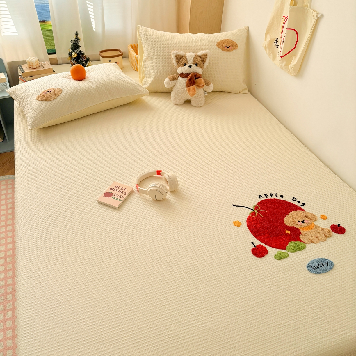 91家纺网 家纺一手货源 找家纺 雅居纺家纺 2026新款全棉华夫格毛巾绣单品系列 米黄苹安狗