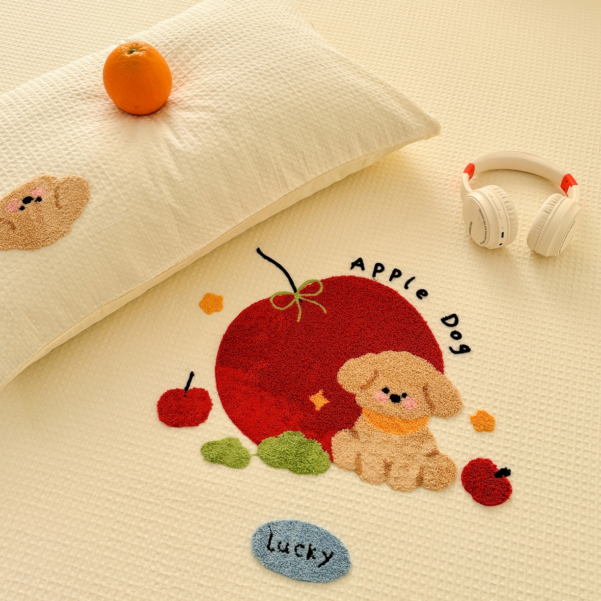 91家纺网 家纺一手货源 找家纺 雅居纺家纺 2026新款全棉华夫格毛巾绣单品系列 米黄苹安狗