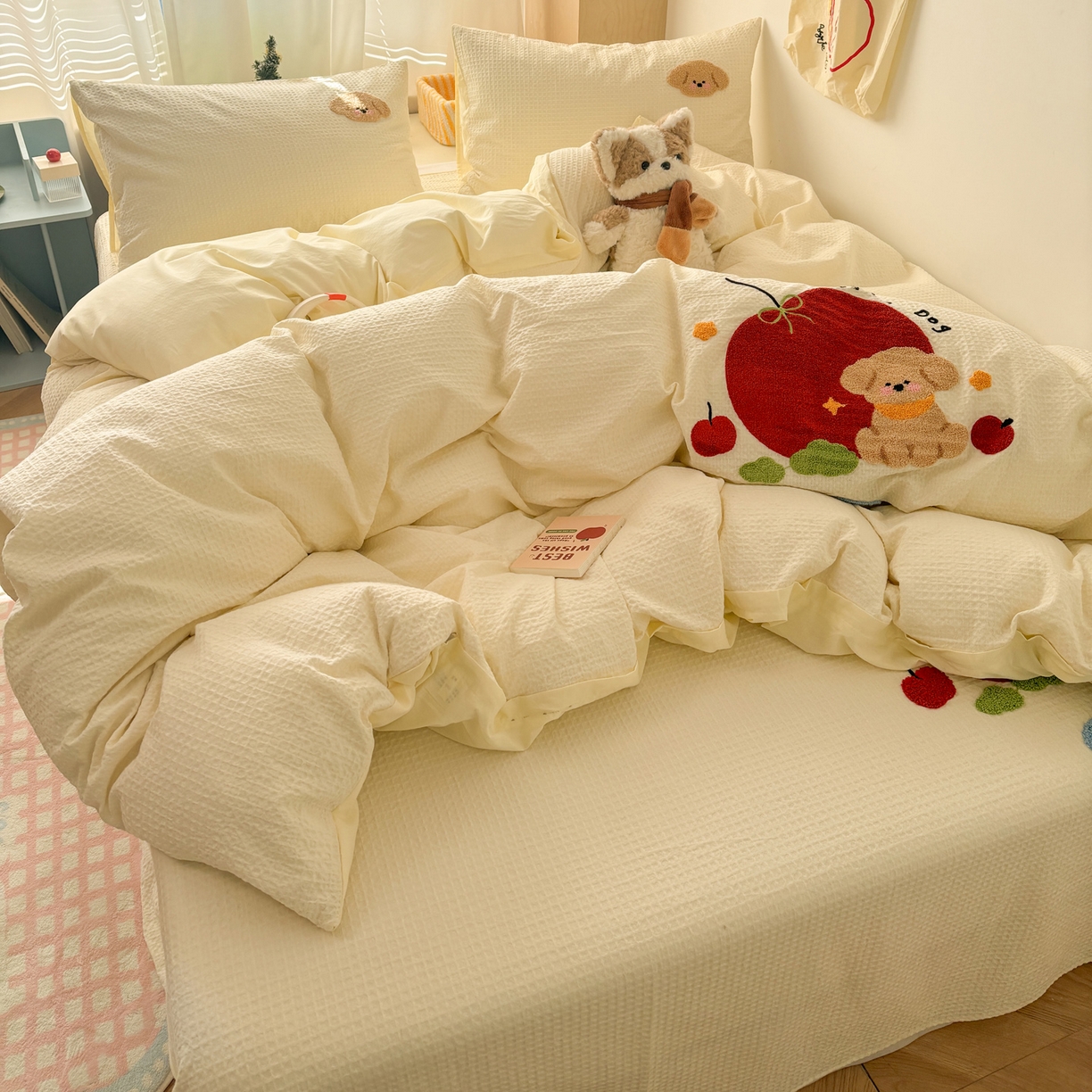 91家纺网 家纺一手货源 找家纺 雅居纺家纺 2026新款全棉华夫格毛巾绣单品系列 米黄苹安狗