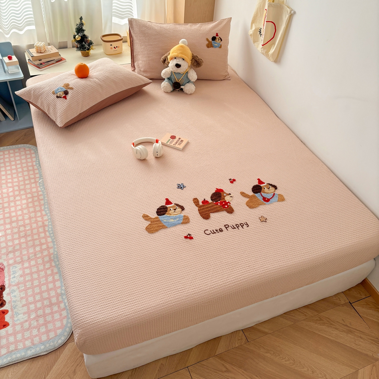 91家纺网 家纺一手货源 找家纺 雅居纺家纺 2026新款全棉华夫格毛巾绣单品系列 米驼腊肠狗