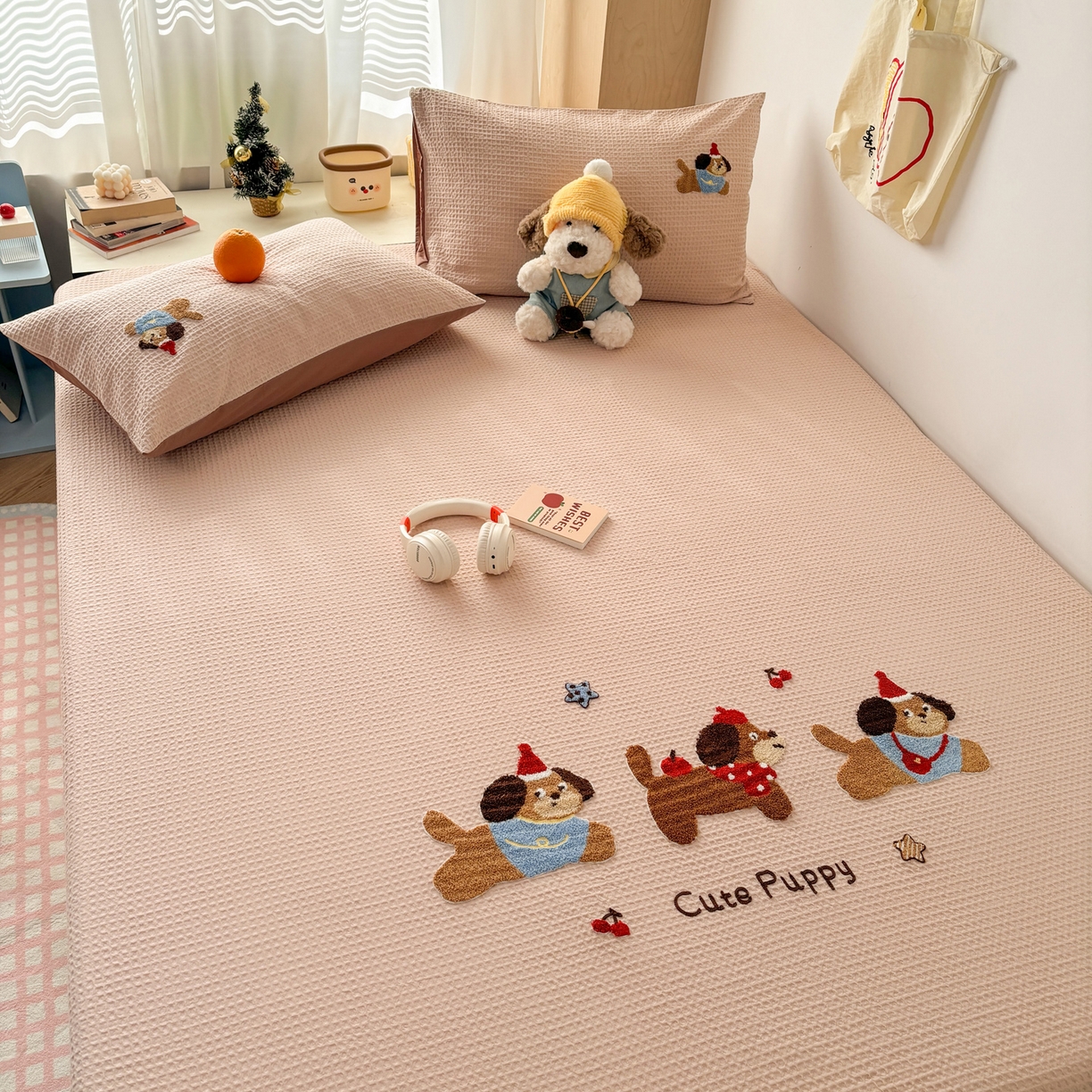 91家纺网 家纺一手货源 找家纺 雅居纺家纺 2026新款全棉华夫格毛巾绣单品系列 米驼腊肠狗