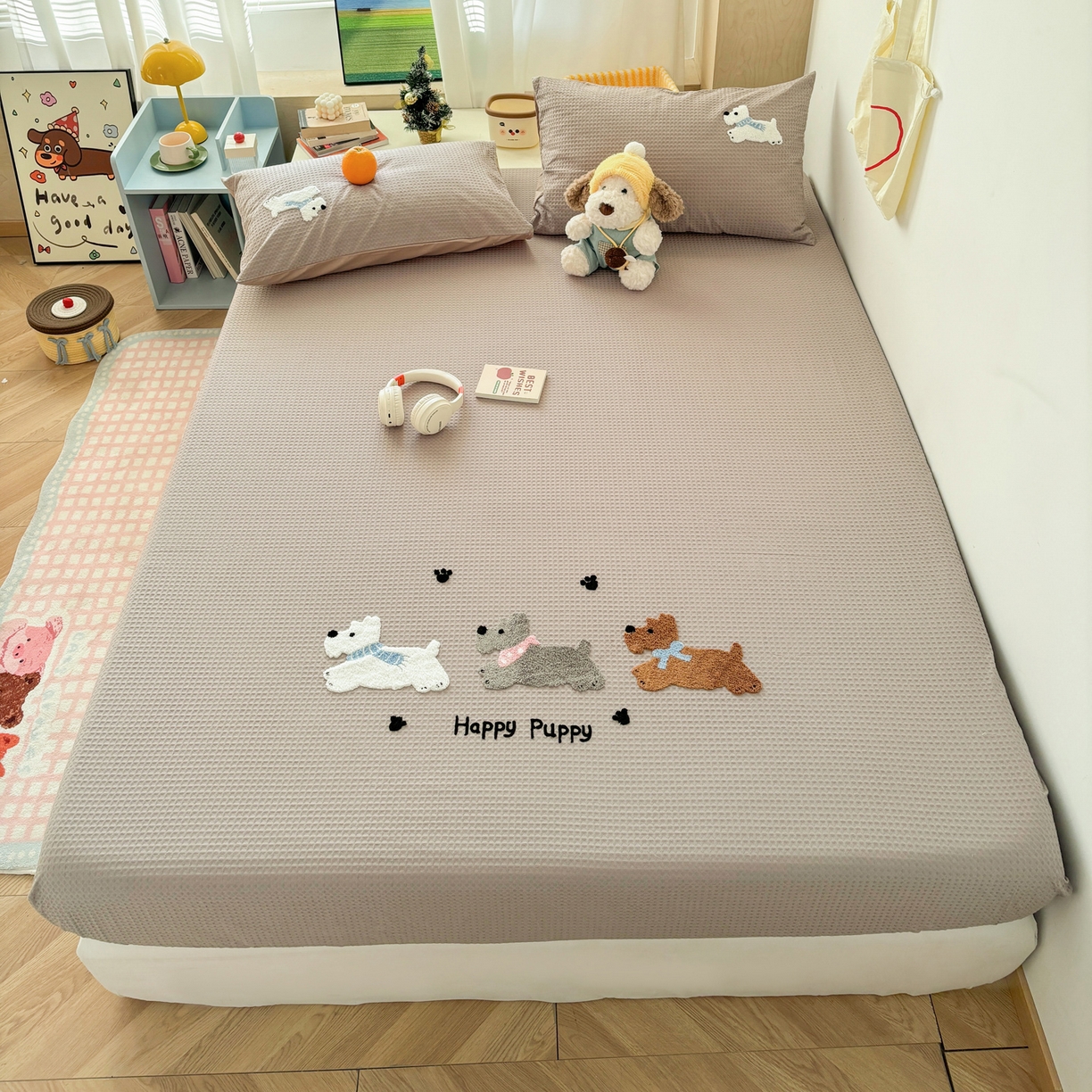 91家纺网 家纺一手货源 找家纺 雅居纺家纺 2026新款全棉华夫格毛巾绣单品系列 浅灰围脖小狗