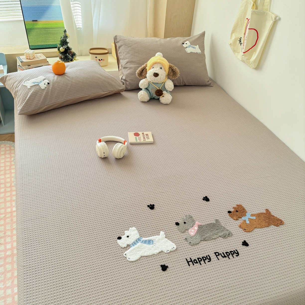 91家纺网 家纺一手货源 找家纺 雅居纺家纺 2026新款全棉华夫格毛巾绣单品系列 浅灰围脖小狗