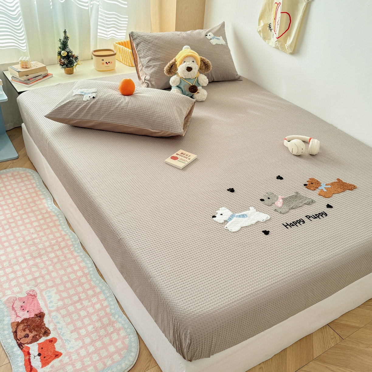 91家纺网 家纺一手货源 找家纺 雅居纺家纺 2026新款全棉华夫格毛巾绣单品系列 浅灰围脖小狗