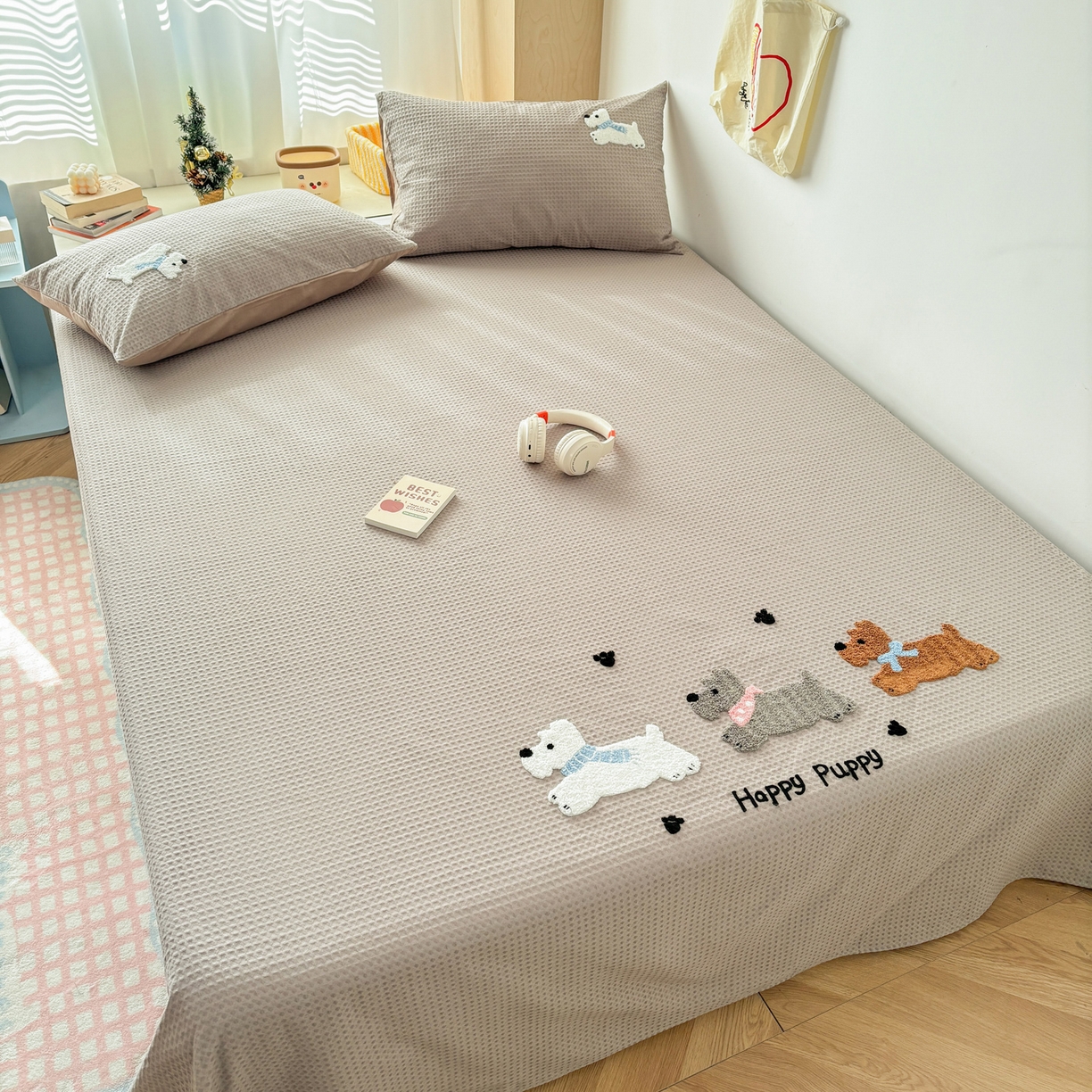 91家纺网 家纺一手货源 找家纺 雅居纺家纺 2026新款全棉华夫格毛巾绣单品系列 浅灰围脖小狗