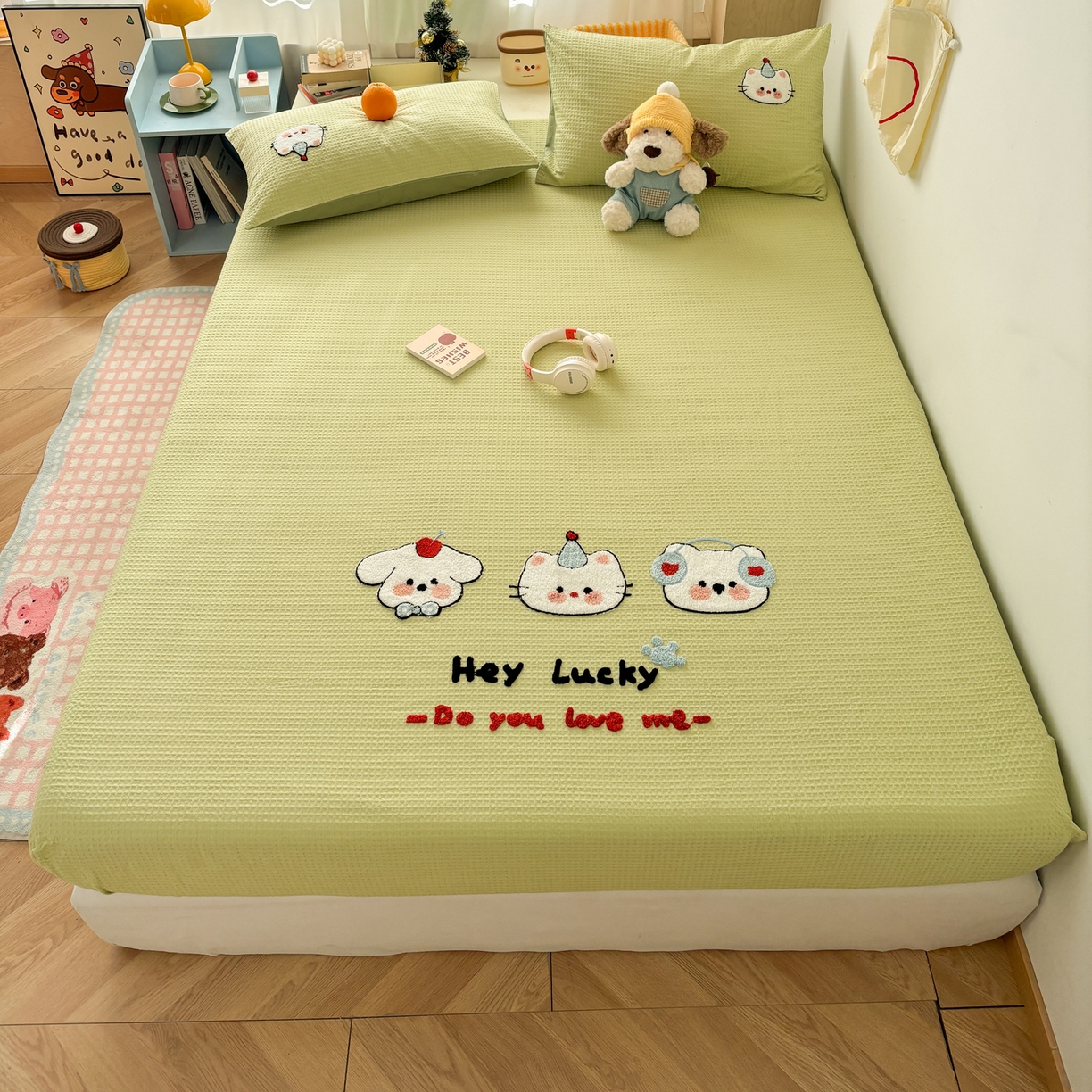 91家纺网 家纺一手货源 找家纺 雅居纺家纺 2026新款全棉华夫格毛巾绣单品系列 水绿萌宠