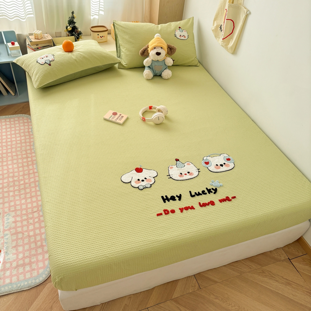 91家纺网 家纺一手货源 找家纺 雅居纺家纺 2026新款全棉华夫格毛巾绣单品系列 水绿萌宠