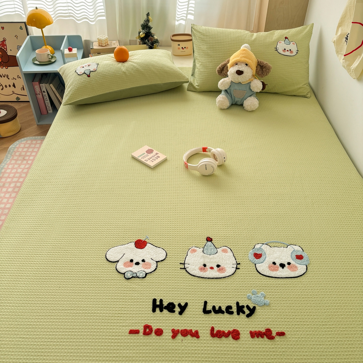 91家纺网 家纺一手货源 找家纺 雅居纺家纺 2026新款全棉华夫格毛巾绣单品系列 水绿萌宠