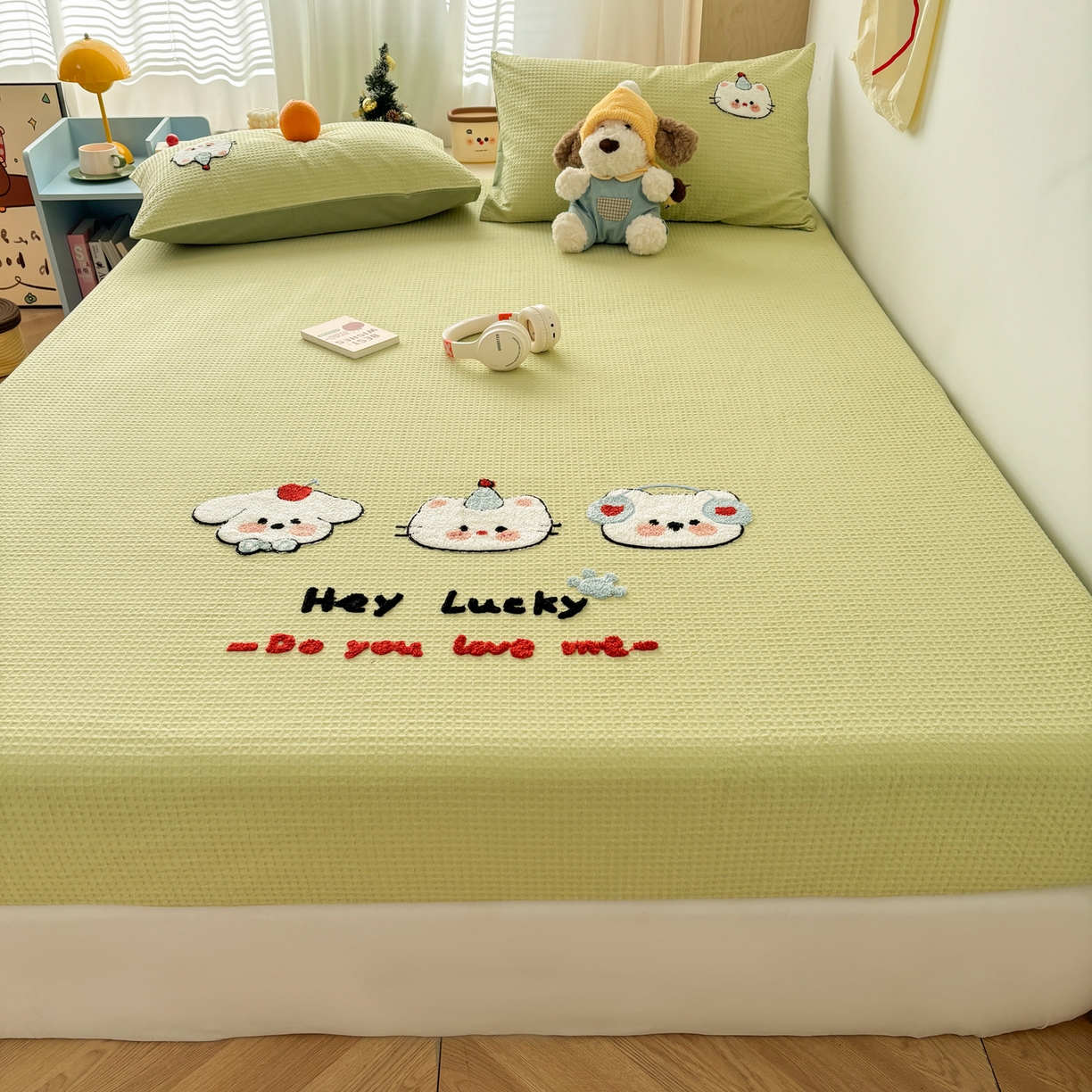 91家纺网 家纺一手货源 找家纺 雅居纺家纺 2026新款全棉华夫格毛巾绣单品系列 水绿萌宠