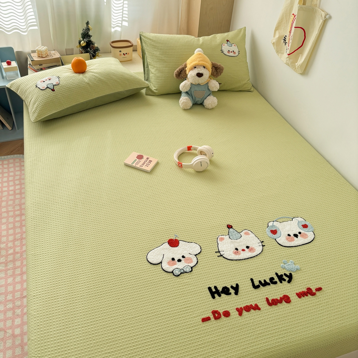 91家纺网 家纺一手货源 找家纺 雅居纺家纺 2026新款全棉华夫格毛巾绣单品系列 水绿萌宠