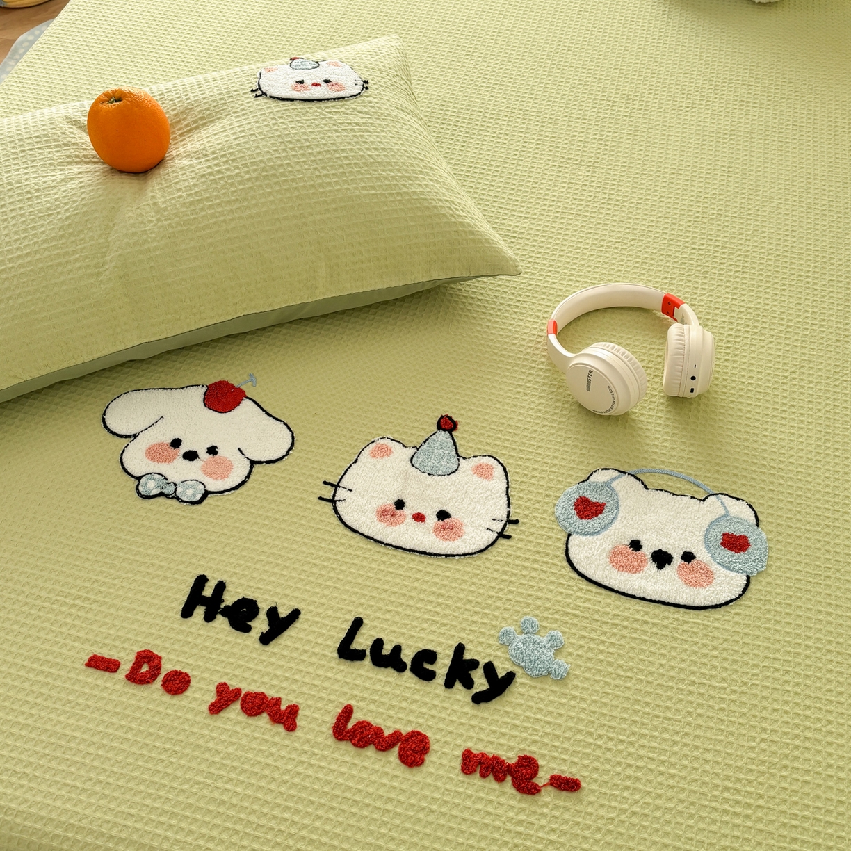 91家纺网 家纺一手货源 找家纺 雅居纺家纺 2026新款全棉华夫格毛巾绣单品系列 水绿萌宠