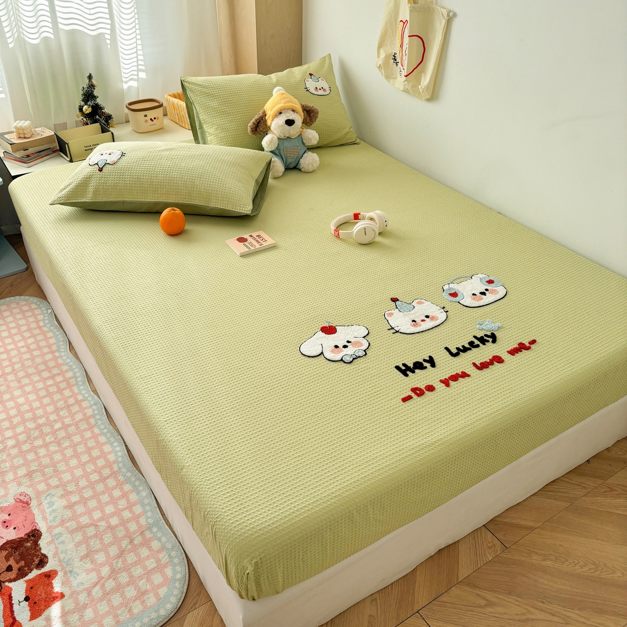 91家纺网 家纺一手货源 找家纺 雅居纺家纺 2026新款全棉华夫格毛巾绣单品系列 水绿萌宠