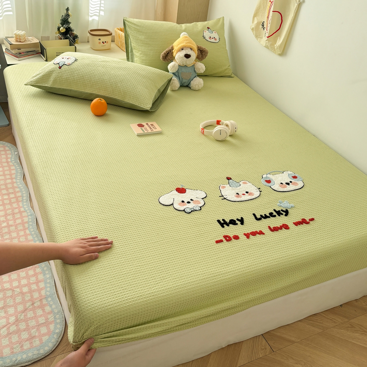 91家纺网 家纺一手货源 找家纺 雅居纺家纺 2026新款全棉华夫格毛巾绣单品系列 水绿萌宠