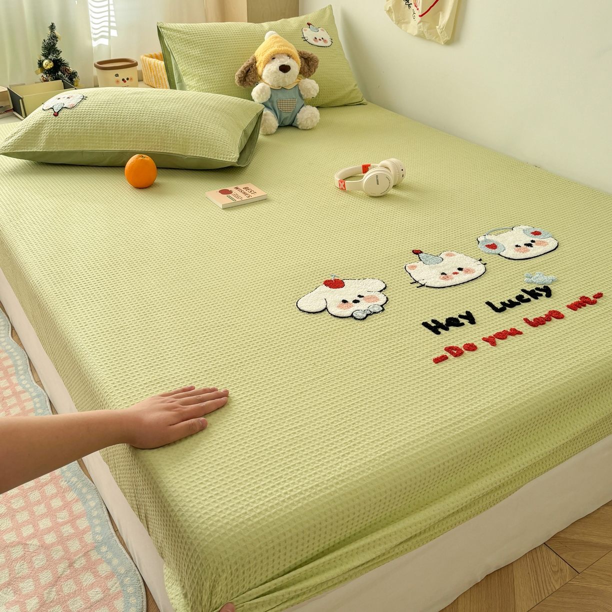 91家纺网 家纺一手货源 找家纺 雅居纺家纺 2026新款全棉华夫格毛巾绣单品系列 水绿萌宠