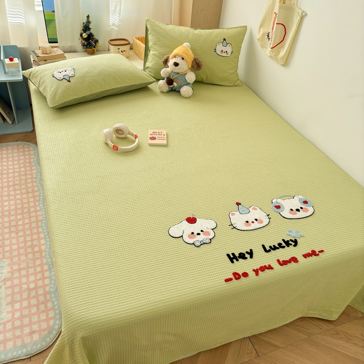 91家纺网 家纺一手货源 找家纺 雅居纺家纺 2026新款全棉华夫格毛巾绣单品系列 水绿萌宠