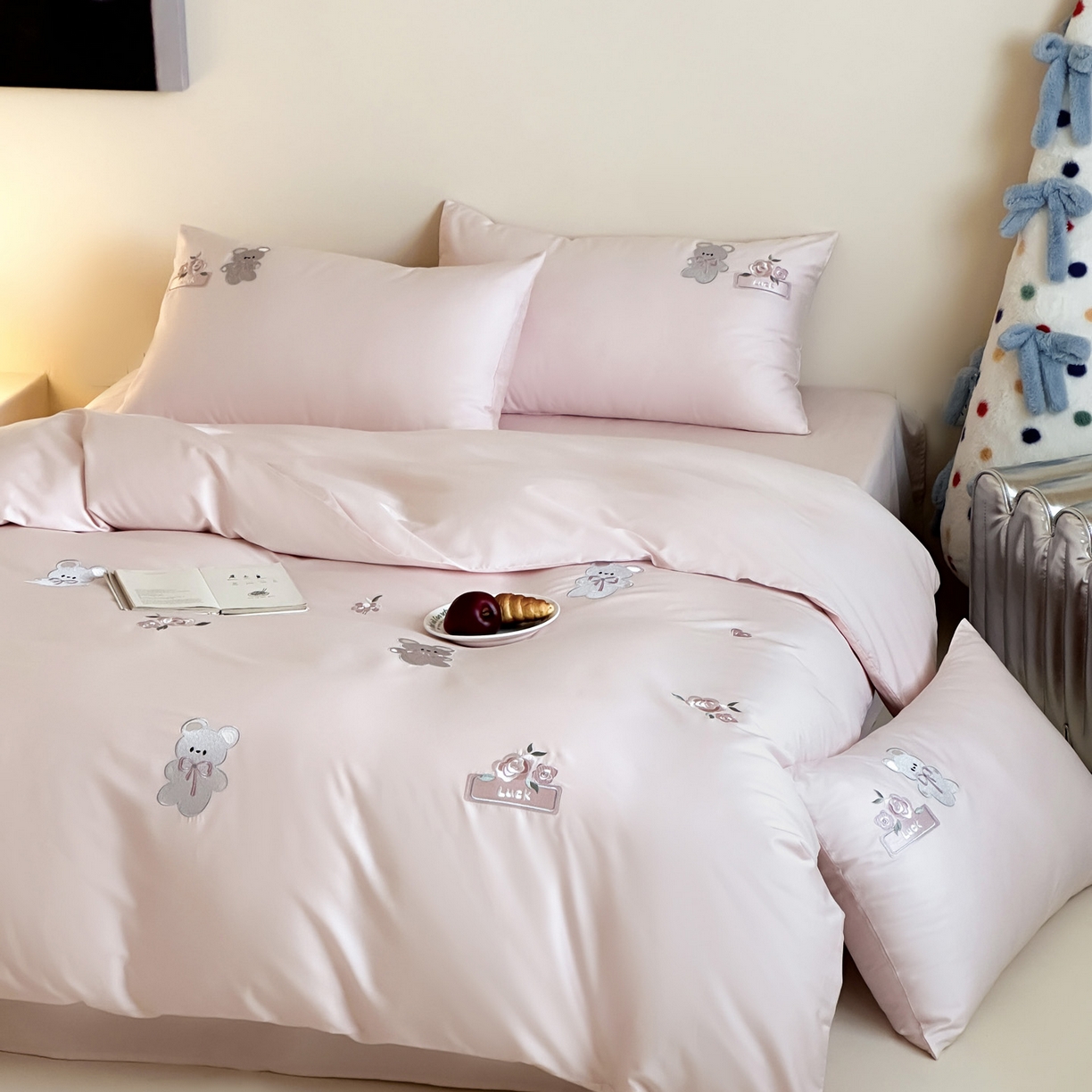 爱缦 2026新款100s全棉四件套-熊小花系列 粉色