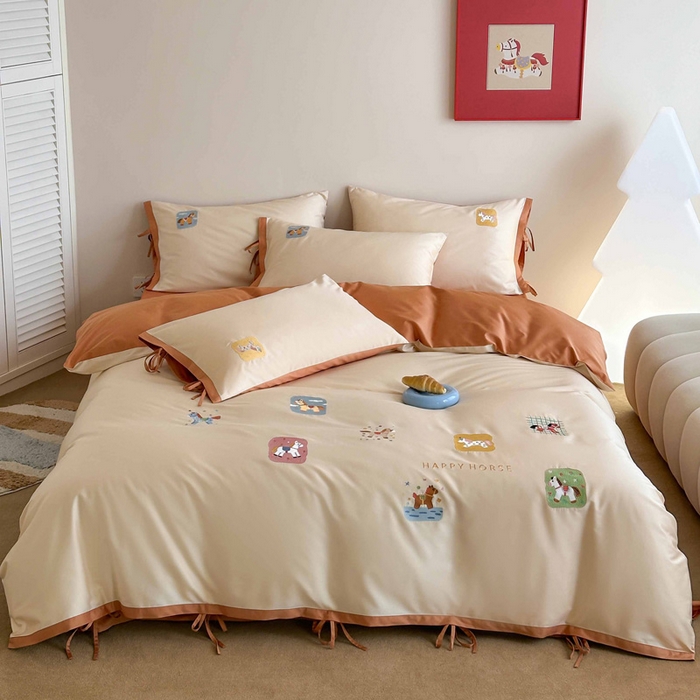 91家纺网 家纺一手货源 找家纺 爱缦 2026新款小马奔腾系列100s全棉四件套（此款券后控价：小号238，标准298，大号318） 小马奔腾-奶油桔