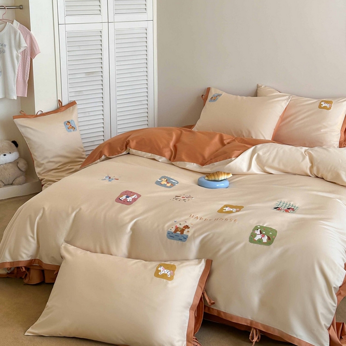 91家纺网 家纺一手货源 找家纺 爱缦 2026新款小马奔腾系列100s全棉四件套（此款券后控价：小号238，标准298，大号318） 小马奔腾-奶油桔
