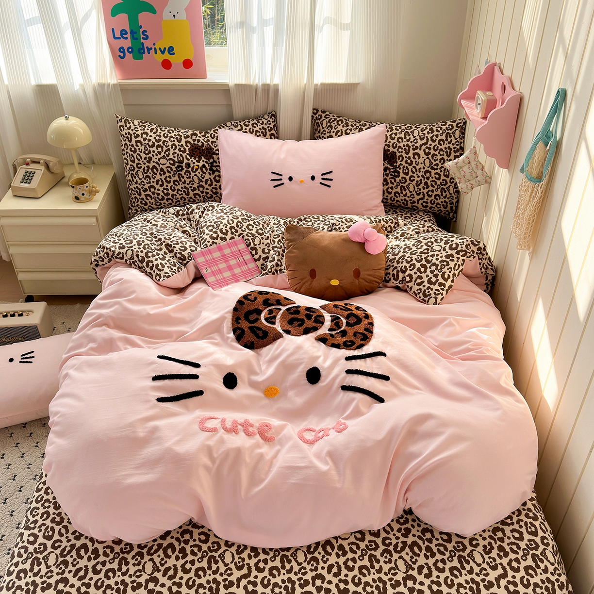 优选良品 2026新款网红热款豹纹kitty毛巾绣床上四件套学生三件套 豹纹kitty-粉
