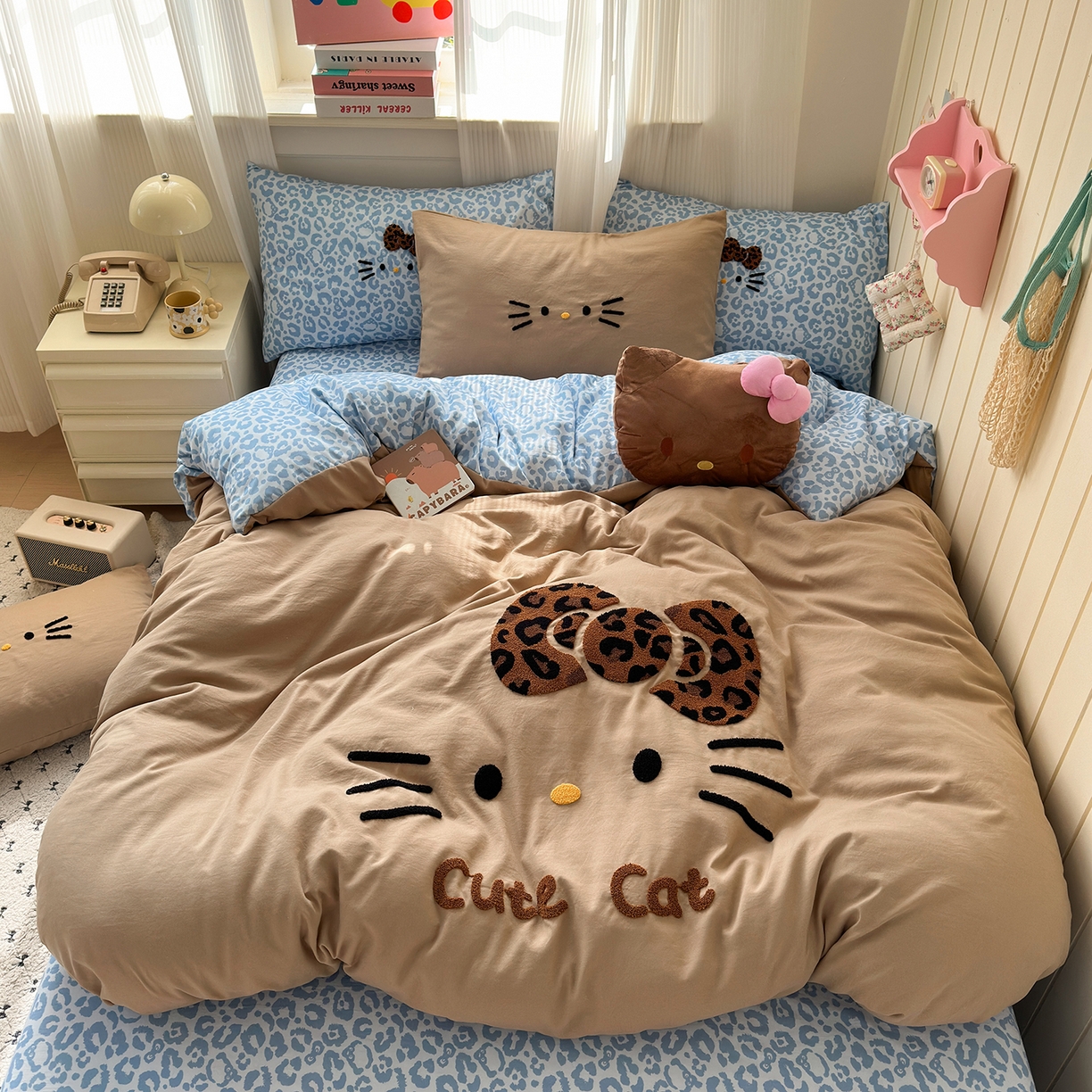 优选良品 2026新款网红热款豹纹kitty毛巾绣床上四件套学生三件套 豹纹kitty-奶咖