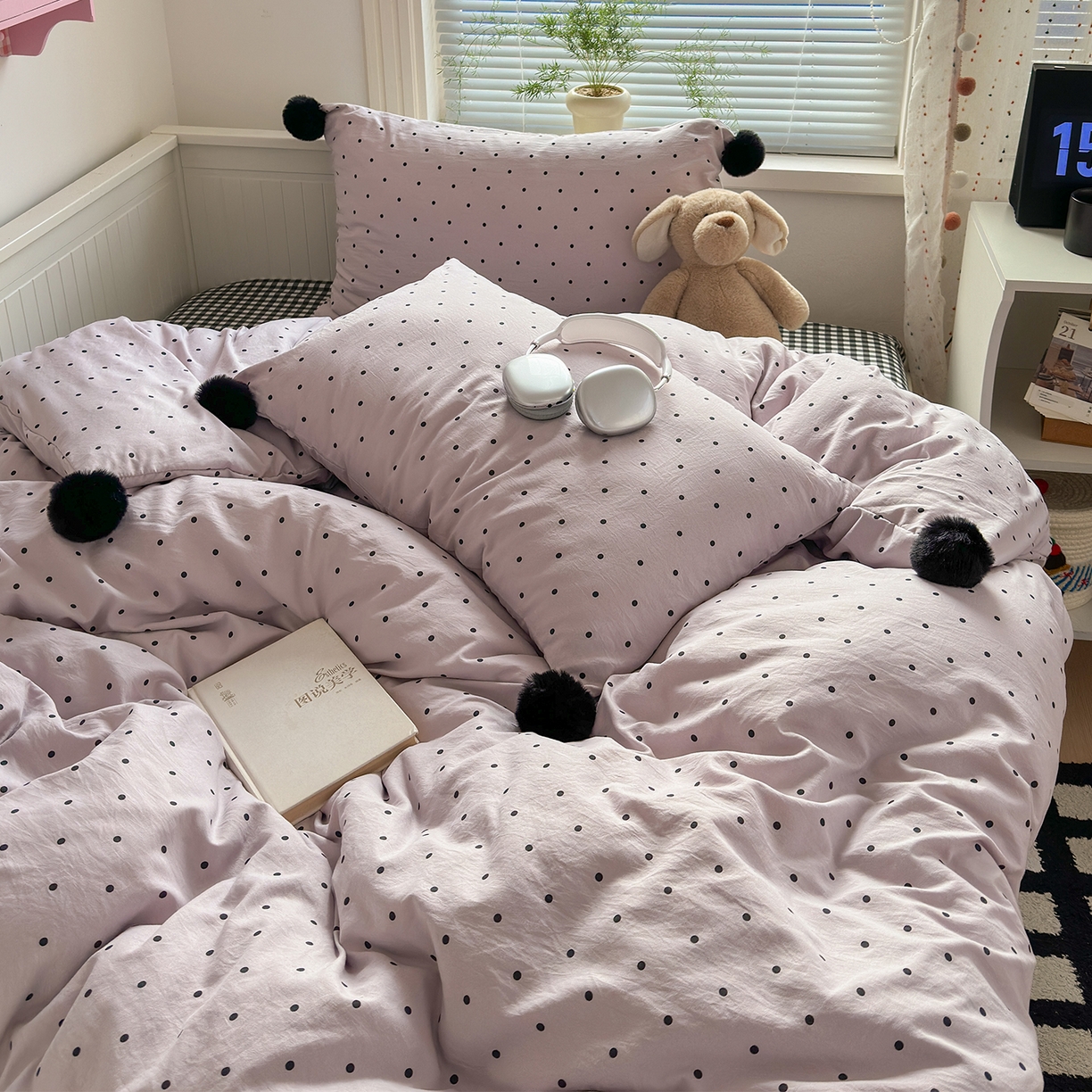 91家纺网 家纺一手货源 找家纺 优选 2026新款混搭圆点啵啵毛球款四件套学生三件套-小红书推荐 圆点啵啵-淡紫