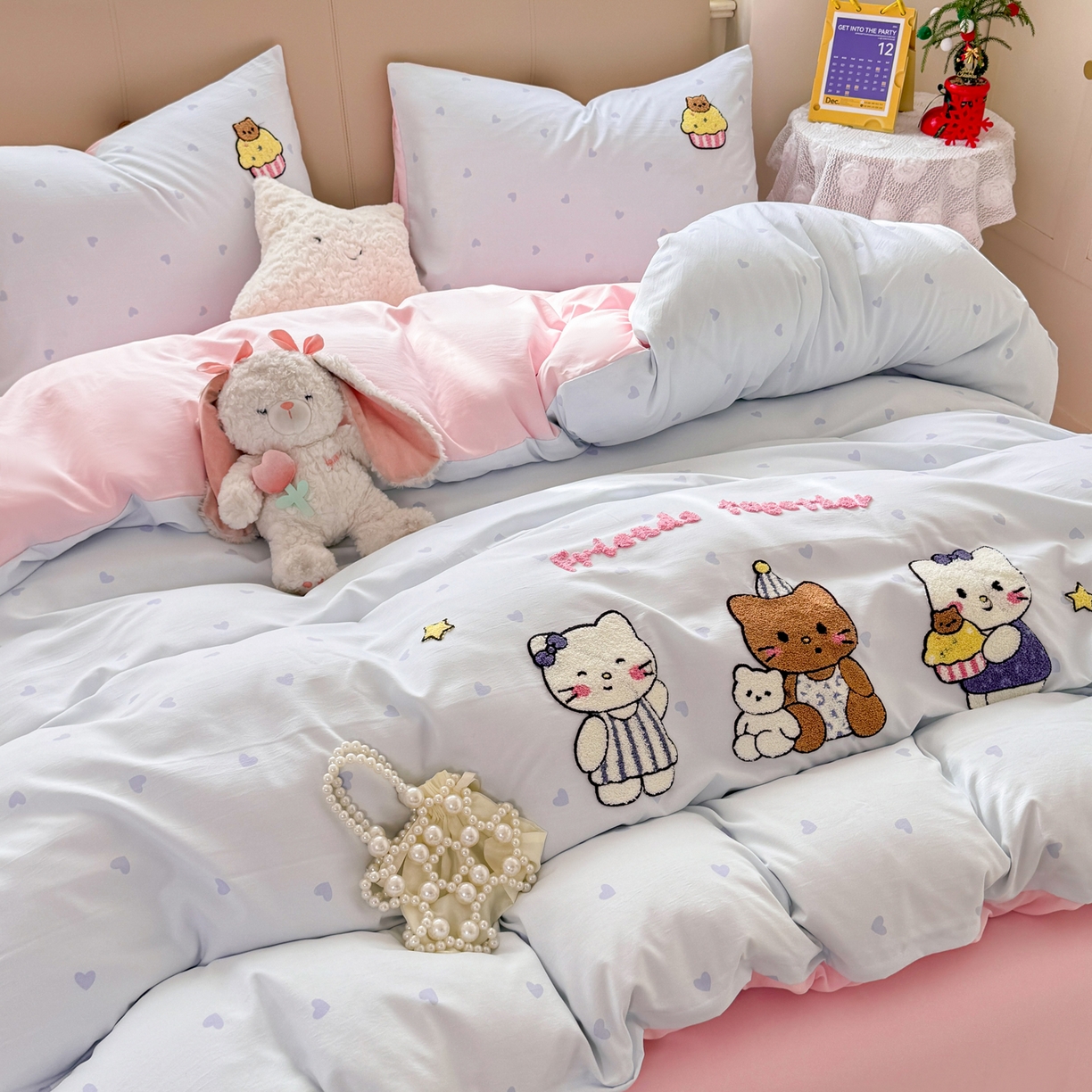 91家纺网 家纺一手货源 找家纺 优选 2026新款小红书热款混搭风毛巾绣床上用品四件套韩版学生三件套【专版花型 盗版必究】 可爱小猫咪